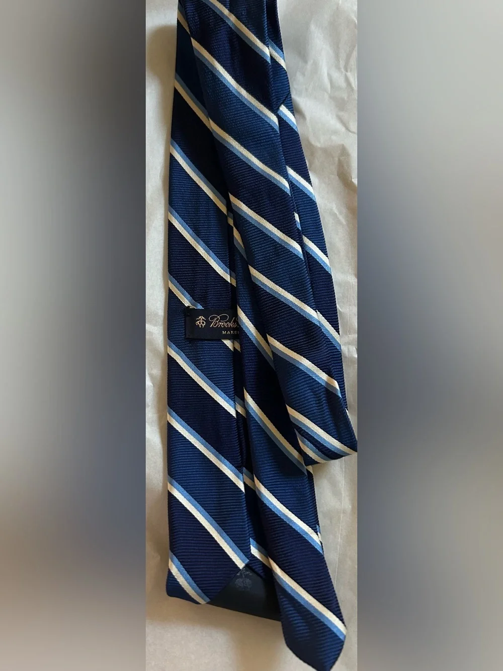 Brooks Brothers Navy Tie with Light Blue and Cream Diagonal Stripes Pure Silk